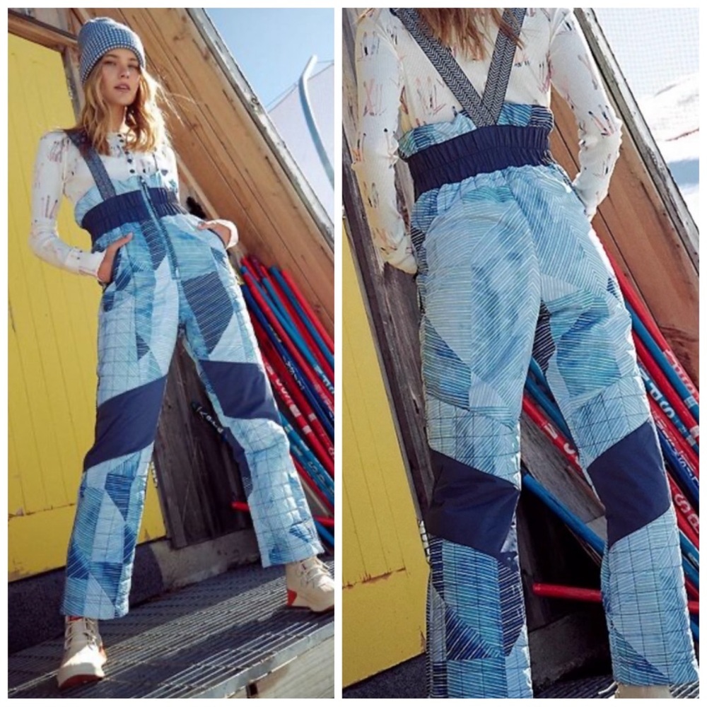 •FREE PEOPLE• NWOT Printed All Prepped Ski Snow Bib Overalls in Indigo Patch Lg